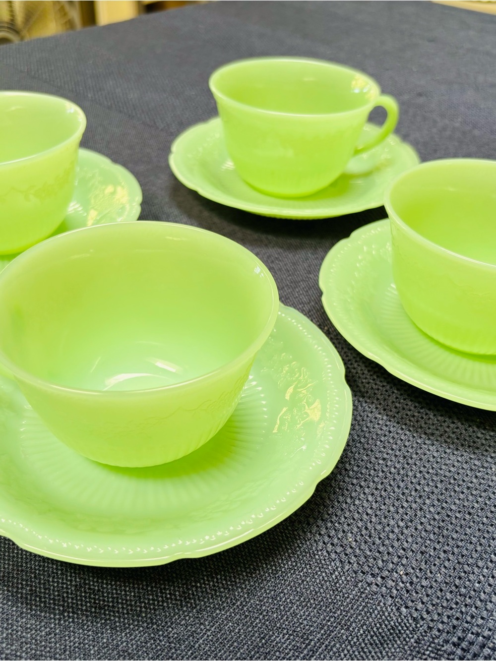 Vintage Fire King Jadeite Alice Glass Teacup and Saucer Set - 4 Pieces